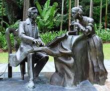 Chopin sculpture near the Symphony Lake in Singapore Botanic Gardens by the Polish sculptor Karol Badyna, 2008.  The woman resembles Jenny Lind, says Icons of Europe.