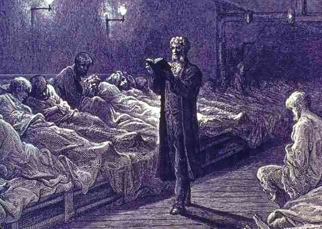 Men and women apparently sick with 'consumption', i.e. tuberculosis at a British ward in the 19th century.  Engraving by unknown source found by Icons of Europe.