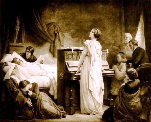 "La Mort de Chopin", lithograph after Félix Barrias painting (1883). Icons of Europe's research overturns a myth about the scenario.