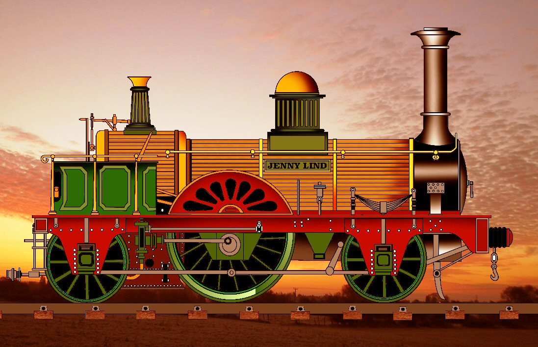 The Jenny Lind locomotive, the first of a class of ten steam locomotives built in 1847 for the London Brighton and South Coast Railway.