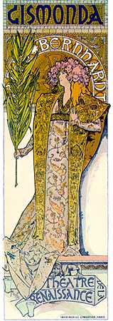 Mucha created this poster for Sarah Bernhardt's play, "Gismona" in Paris, in 1895.  The near life-size design was a sensation.